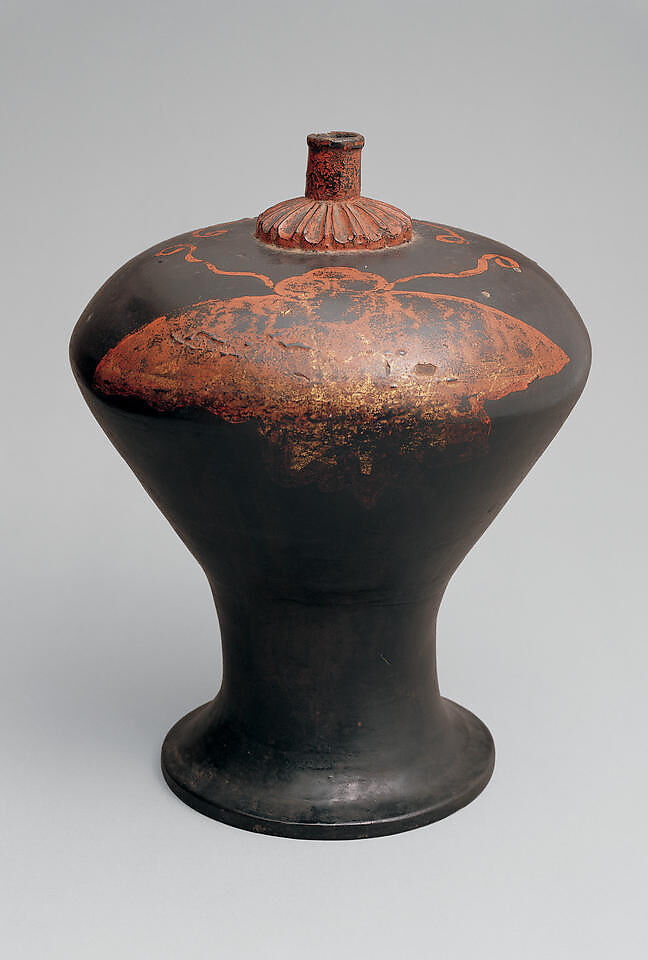 Sake Vessel (Heishi) with Butterflies, Wood with black and red lacquer; gold leaf application, Japan