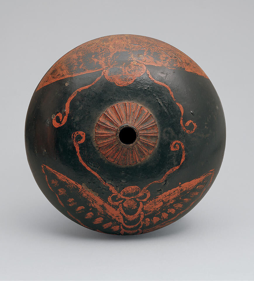 Sake Vessel (Heishi) with Butterflies, Wood with black and red lacquer; gold leaf application, Japan