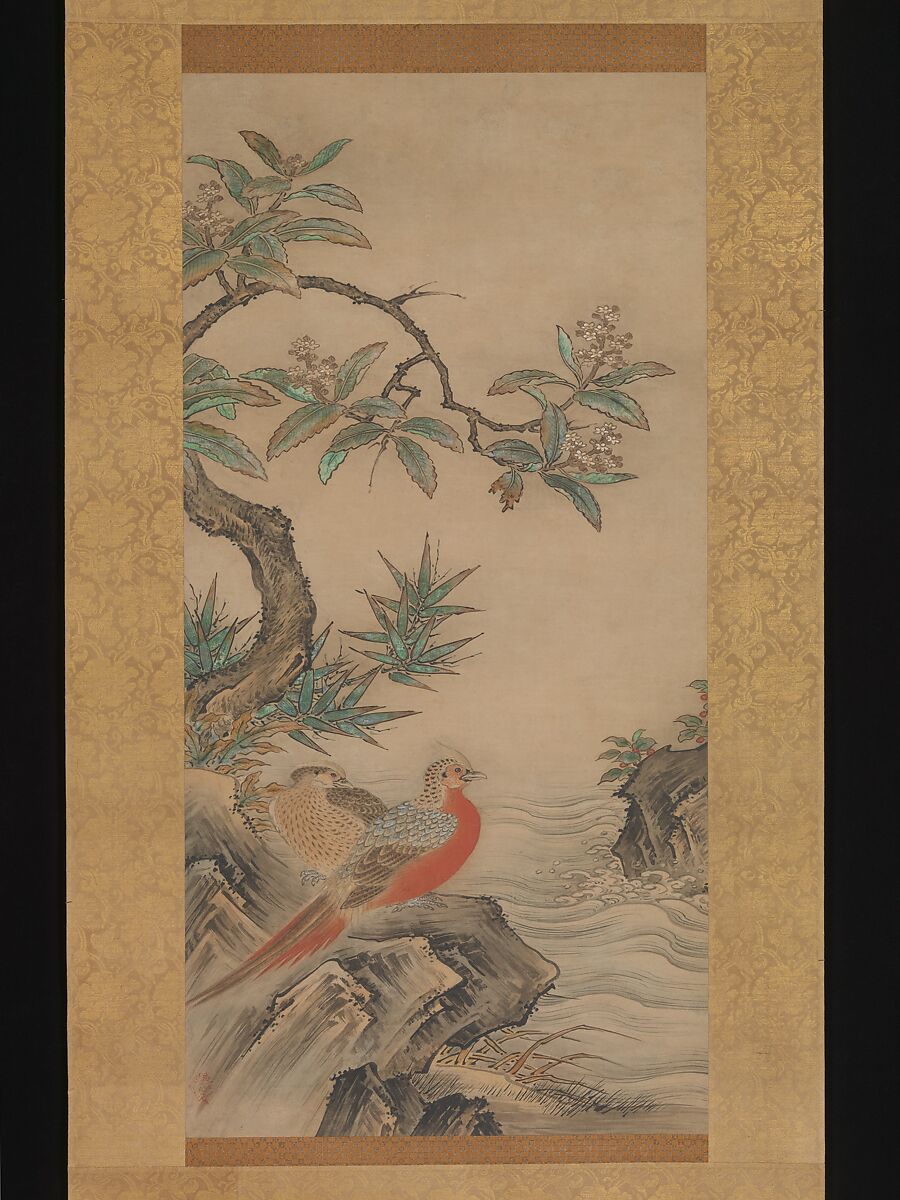 Pheasants among Trees: Flowers of the Four Seasons, Kano Shōei (Japanese, 1519–1592), Pair of hanging scrolls; ink, color, and gold on paper, Japan 
