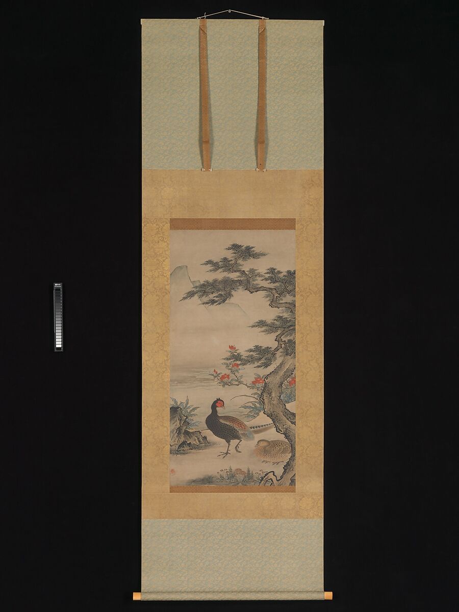 Pheasants among Trees: Flowers of the Four Seasons, Kano Shōei (Japanese, 1519–1592), Pair of hanging scrolls; ink, color, and gold on paper, Japan