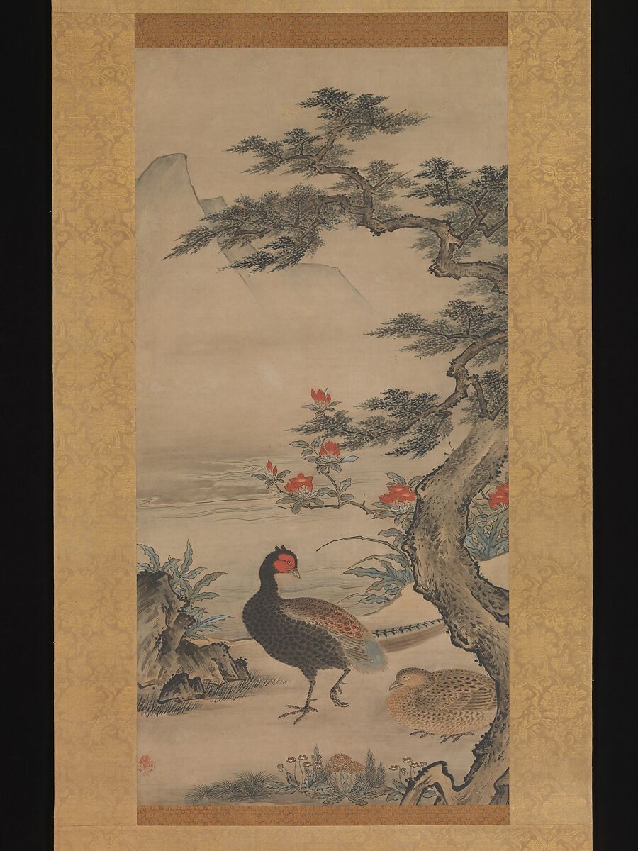 Pheasants among Trees: Flowers of the Four Seasons, Kano Shōei (Japanese, 1519–1592), Pair of hanging scrolls; ink, color, and gold on paper, Japan