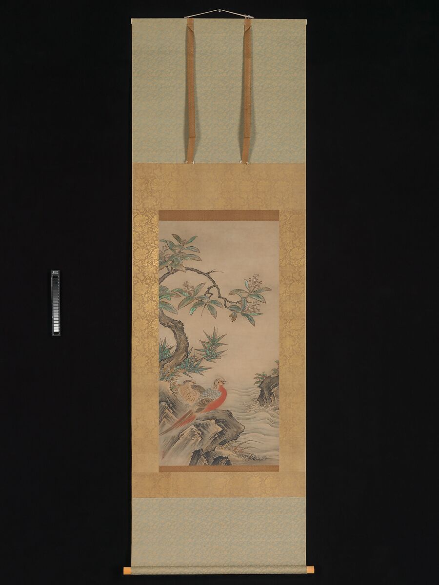 Pheasants among Trees: Flowers of the Four Seasons, Kano Shōei (Japanese, 1519–1592), Pair of hanging scrolls; ink, color, and gold on paper, Japan