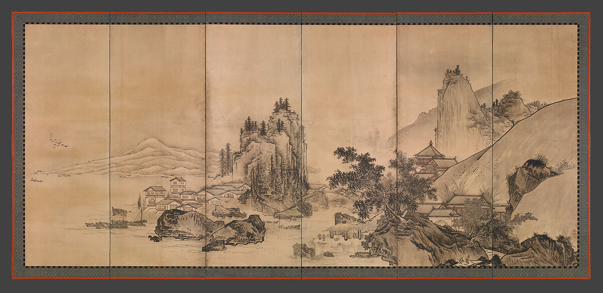 Landscape of the Four Seasons, Unkoku Tōgan (Japanese, 1547–1618), Pair of six-panel folding screens; ink, color, and gold dust on paper, Japan 