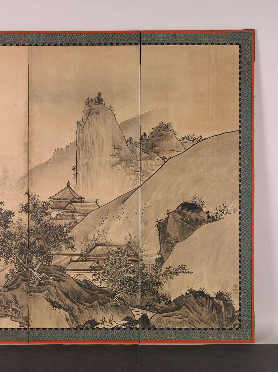 Landscape of the Four Seasons, Unkoku Tōgan (Japanese, 1547–1618), Pair of six-panel folding screens; ink, color, and gold dust on paper, Japan
