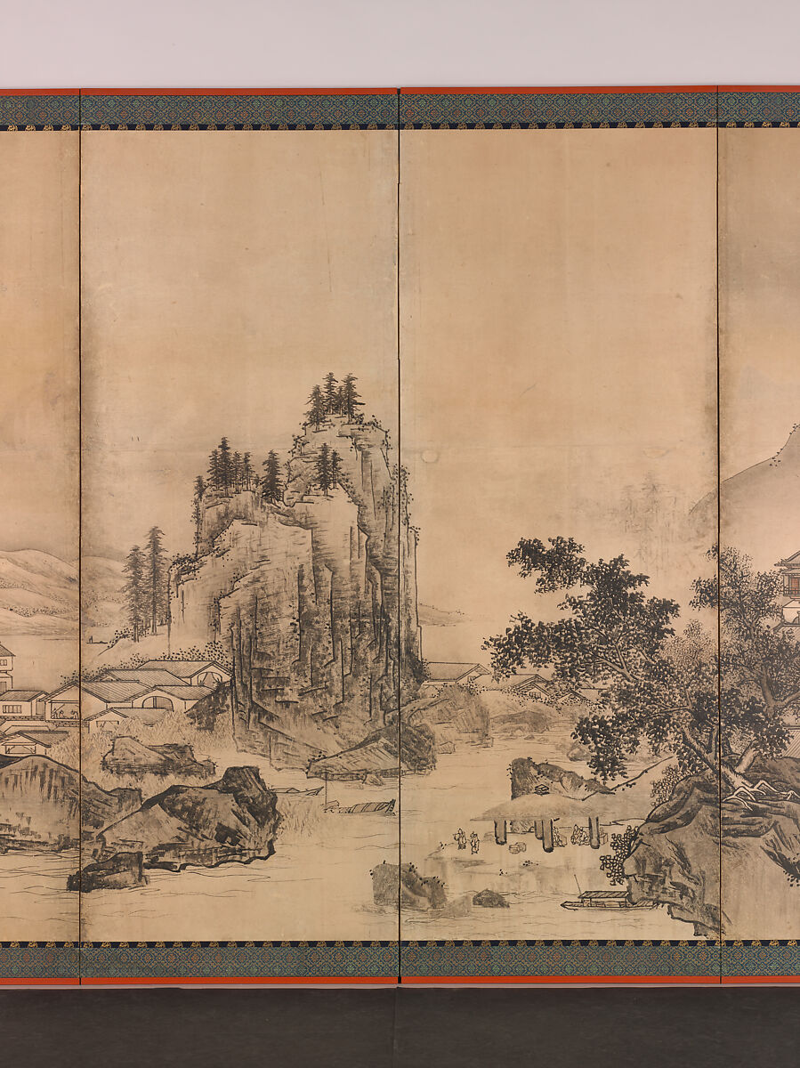 Landscape of the Four Seasons, Unkoku Tōgan (Japanese, 1547–1618), Pair of six-panel folding screens; ink, color, and gold dust on paper, Japan