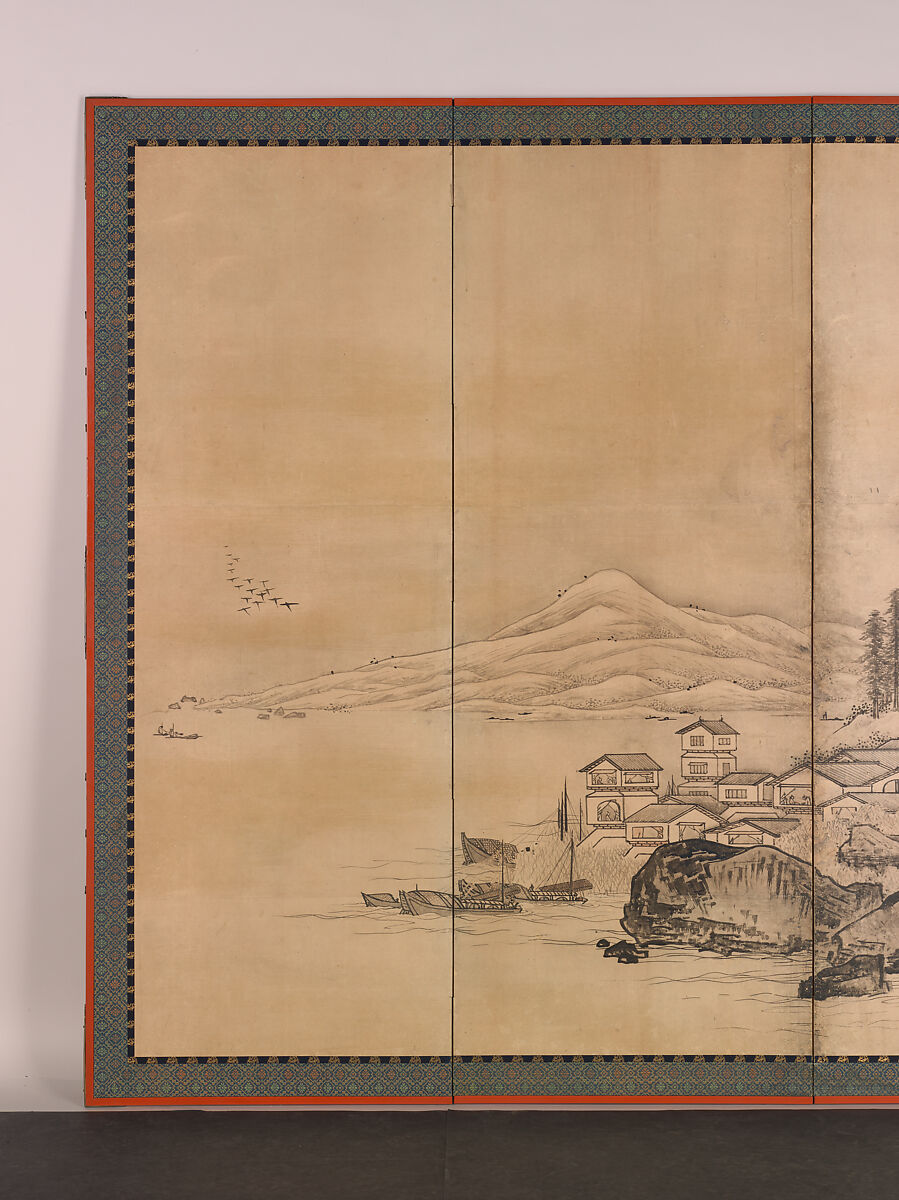 Landscape of the Four Seasons, Unkoku Tōgan (Japanese, 1547–1618), Pair of six-panel folding screens; ink, color, and gold dust on paper, Japan