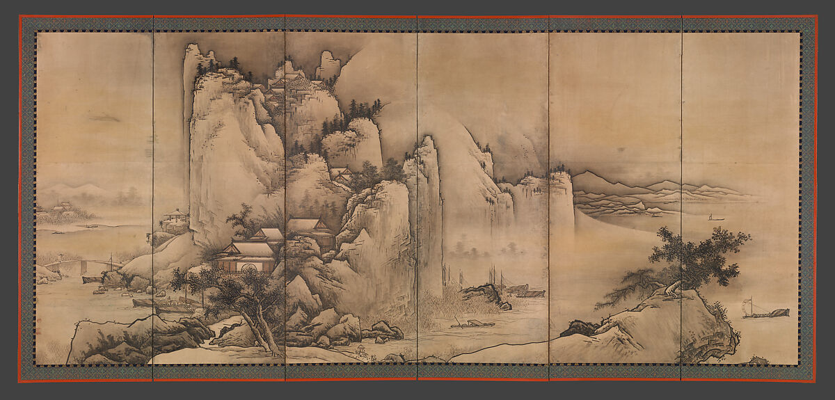 Landscape of the Four Seasons, Unkoku Tōgan (Japanese, 1547–1618), Pair of six-panel folding screens; ink, color, and gold dust on paper, Japan