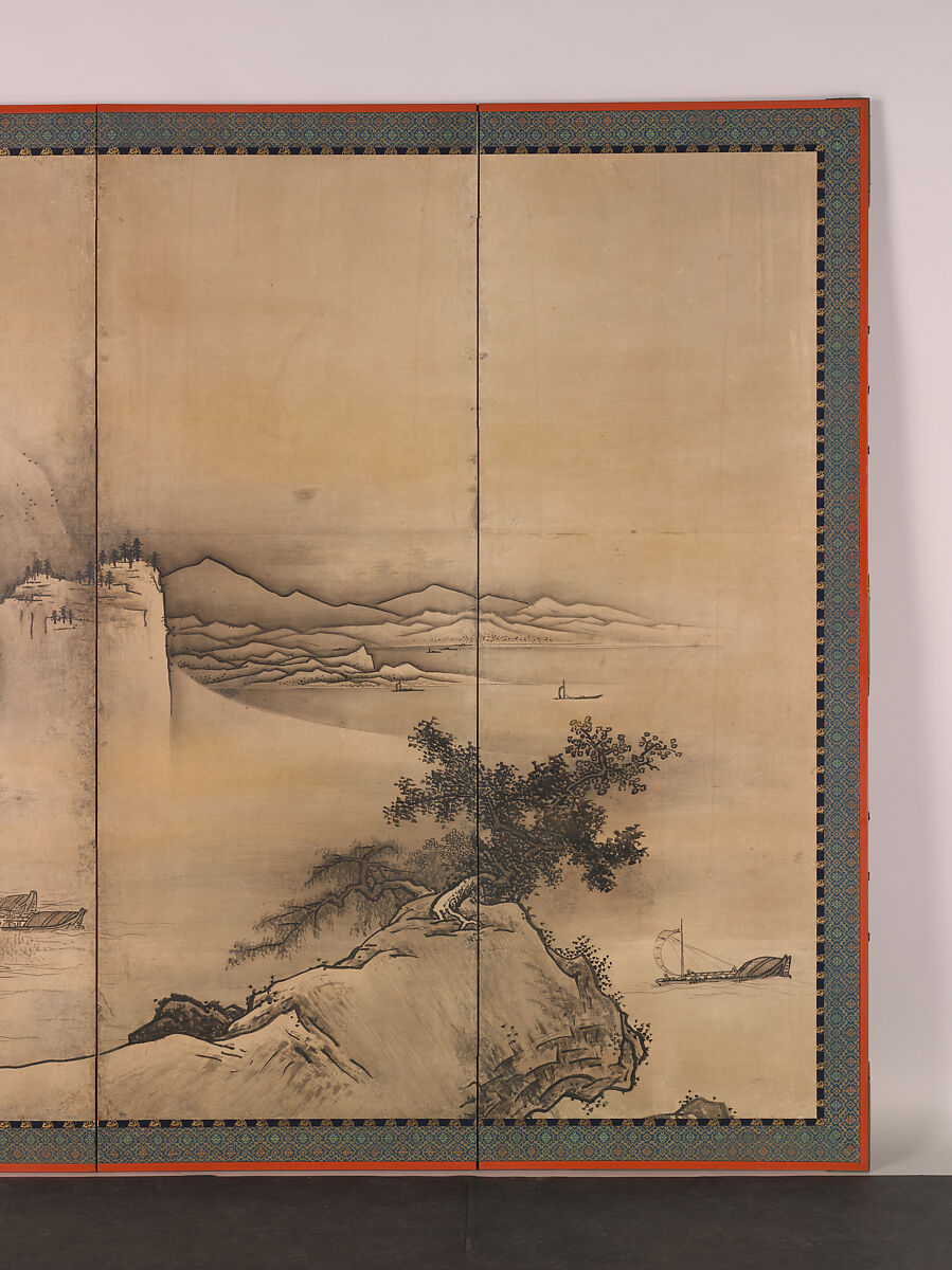 Landscape of the Four Seasons, Unkoku Tōgan (Japanese, 1547–1618), Pair of six-panel folding screens; ink, color, and gold dust on paper, Japan