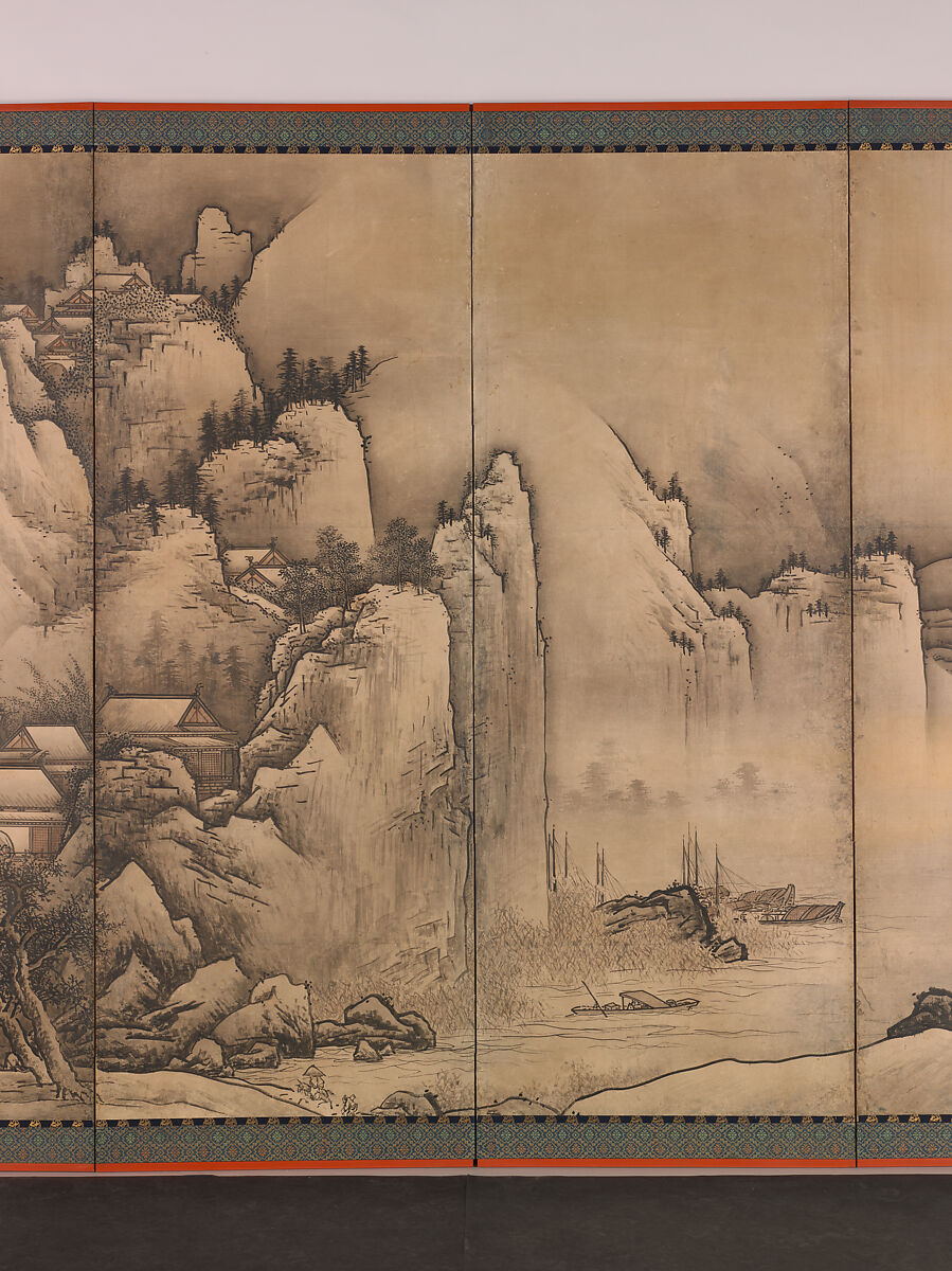 Landscape of the Four Seasons, Unkoku Tōgan (Japanese, 1547–1618), Pair of six-panel folding screens; ink, color, and gold dust on paper, Japan