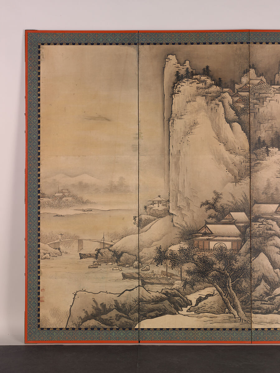 Landscape of the Four Seasons, Unkoku Tōgan (Japanese, 1547–1618), Pair of six-panel folding screens; ink, color, and gold dust on paper, Japan