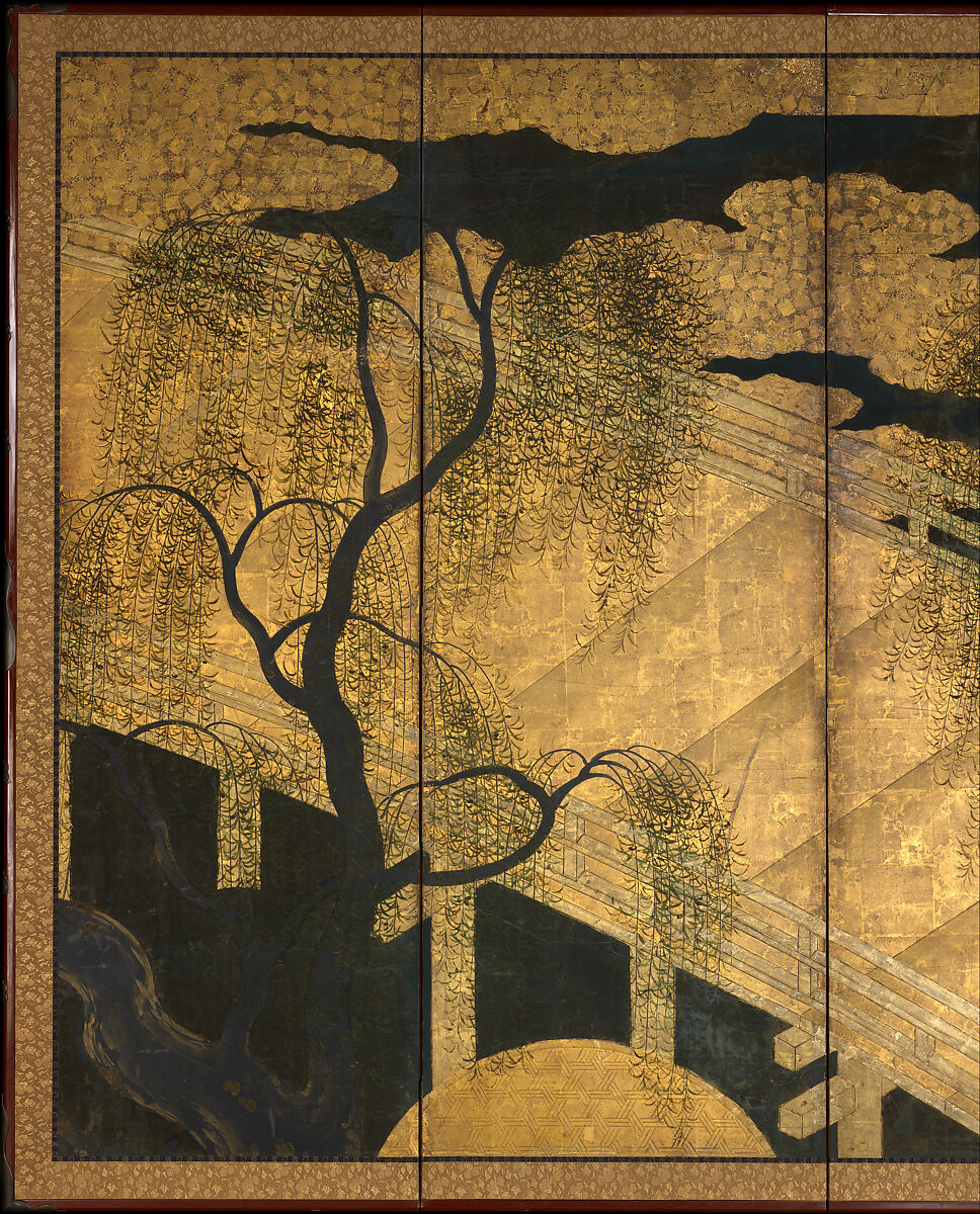 Willows and Bridge, Pair of six-panel folding screens; ink, color, copper, gold, and gold leaf on paper, Japan