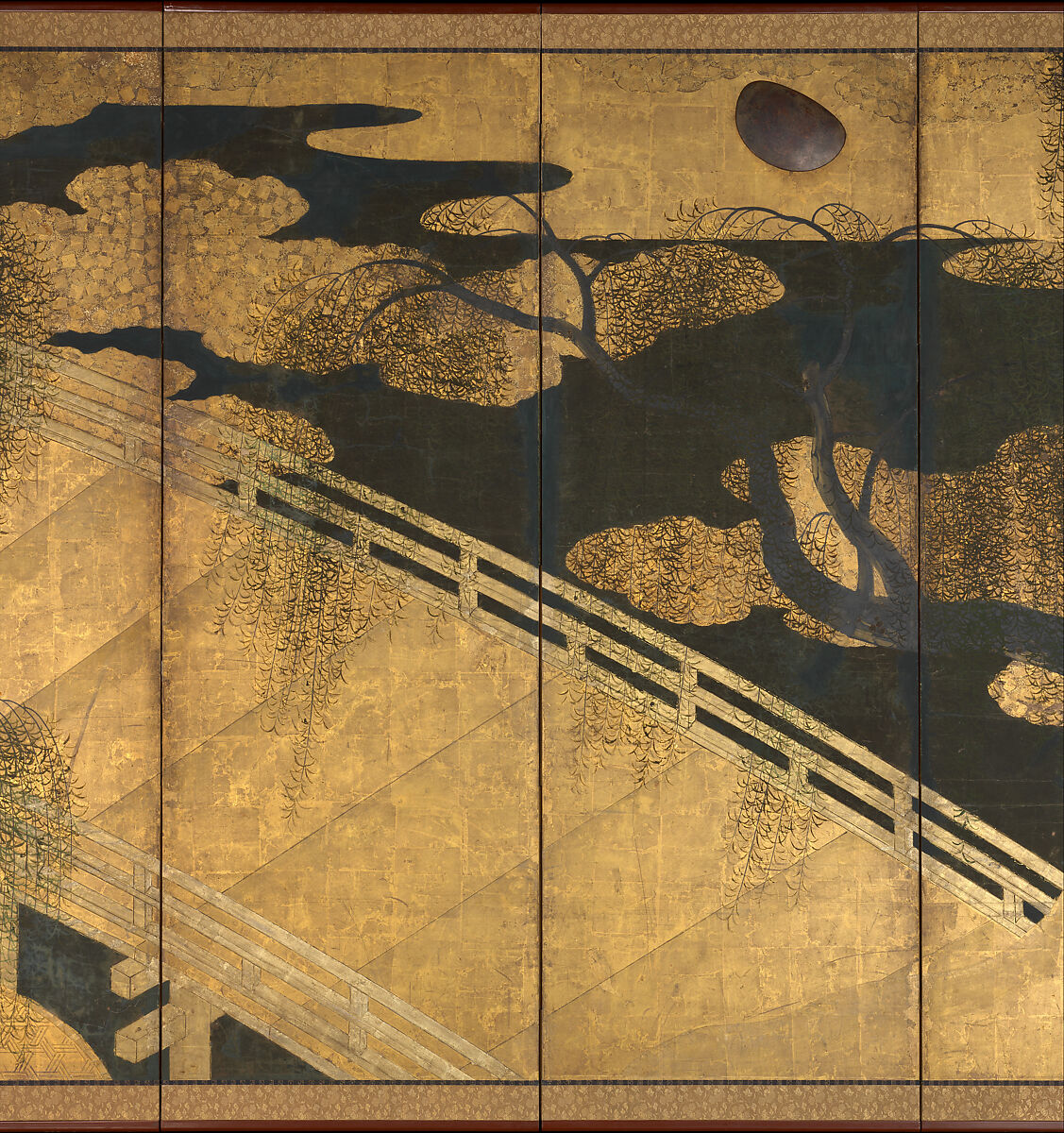 Willows and Bridge, Pair of six-panel folding screens; ink, color, copper, gold, and gold leaf on paper, Japan
