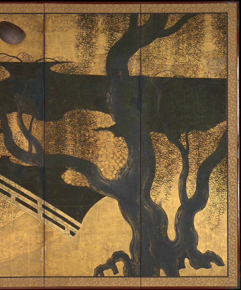 Willows and Bridge, Pair of six-panel folding screens; ink, color, copper, gold, and gold leaf on paper, Japan