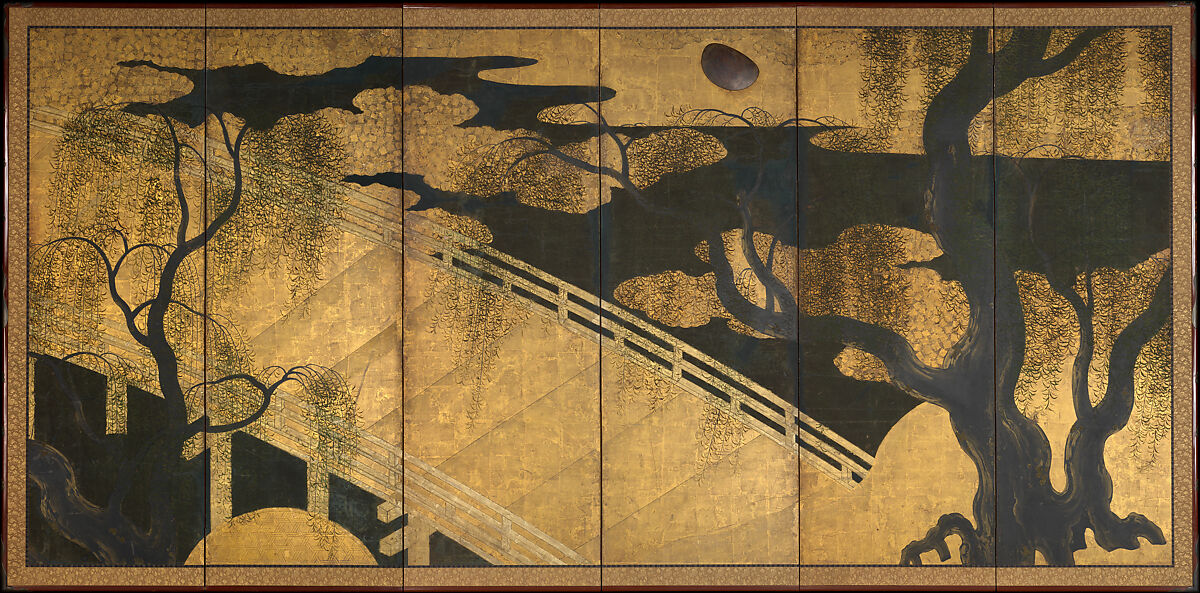 Willows and Bridge, Pair of six-panel folding screens; ink, color, copper, gold, and gold leaf on paper, Japan 