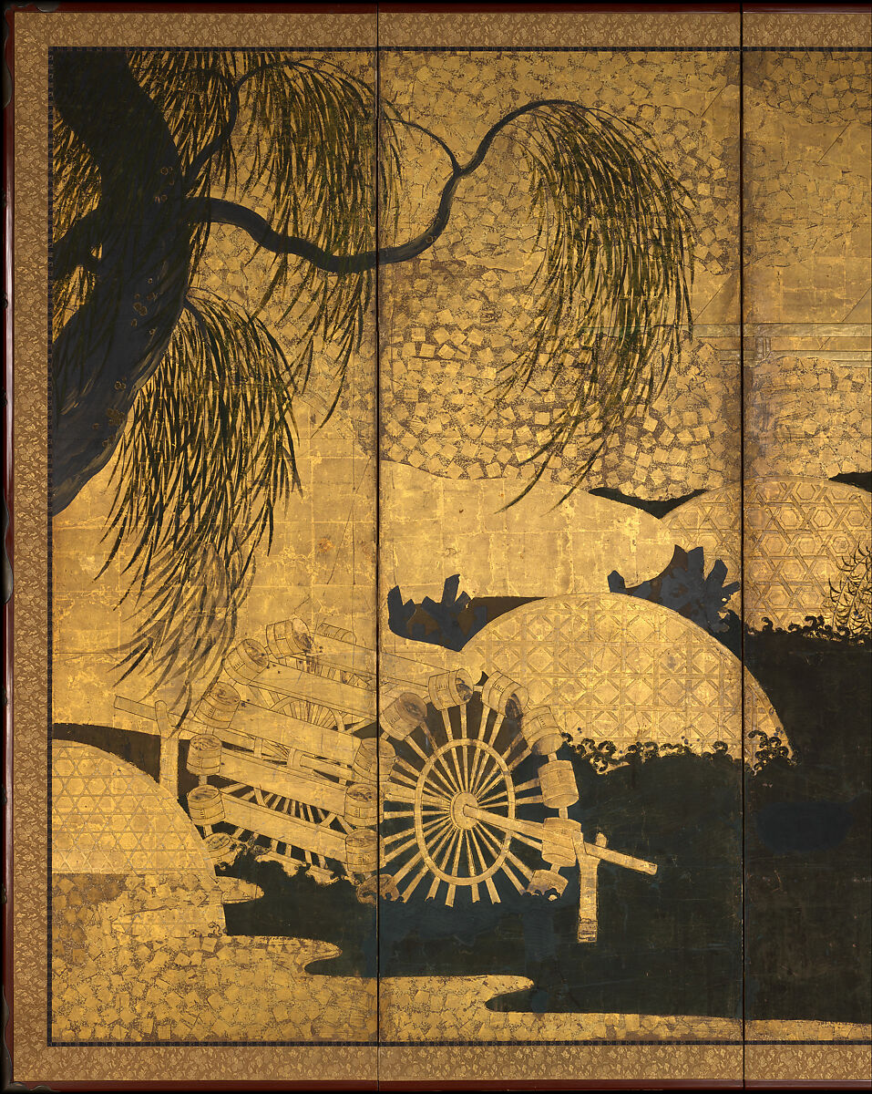 Willows and Bridge, Pair of six-panel folding screens; ink, color, copper, gold, and gold leaf on paper, Japan