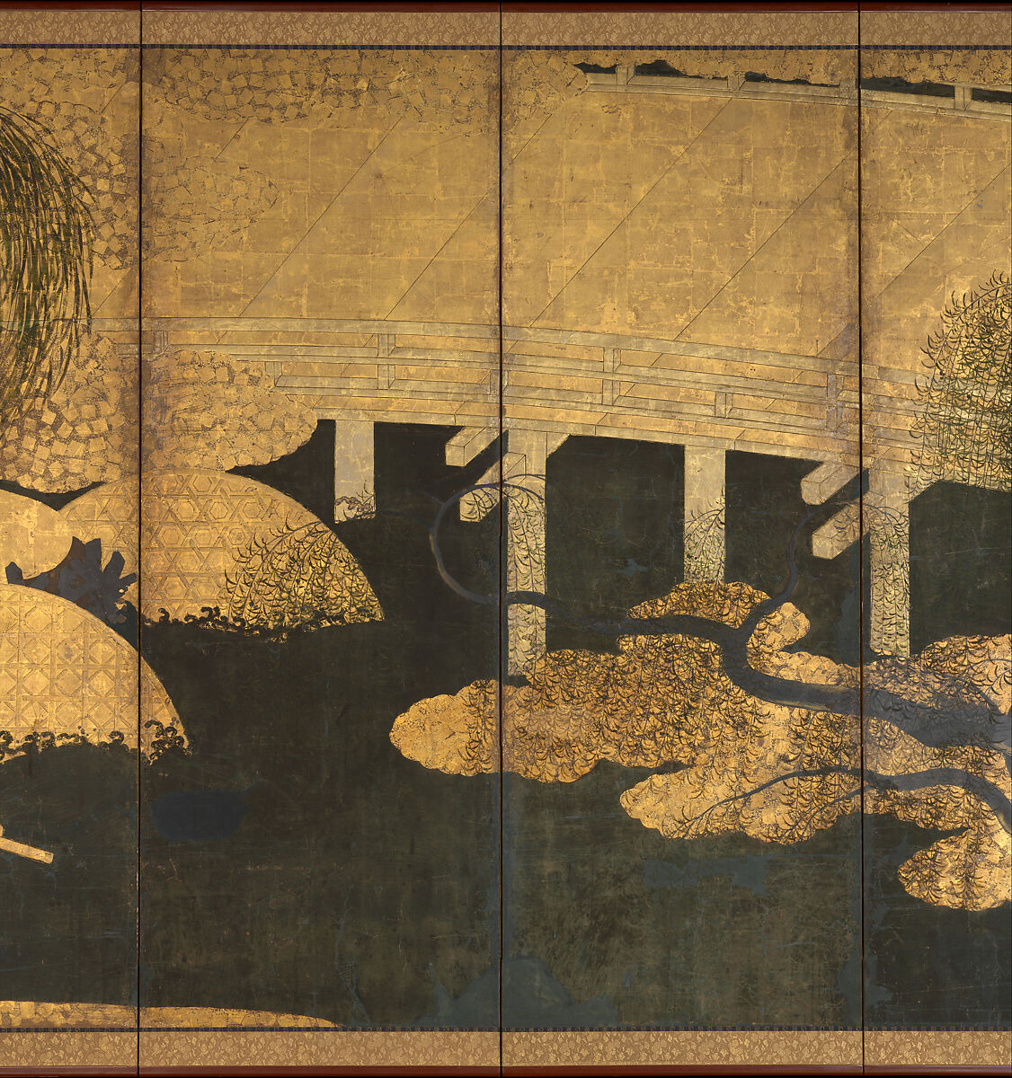 Willows and Bridge, Pair of six-panel folding screens; ink, color, copper, gold, and gold leaf on paper, Japan