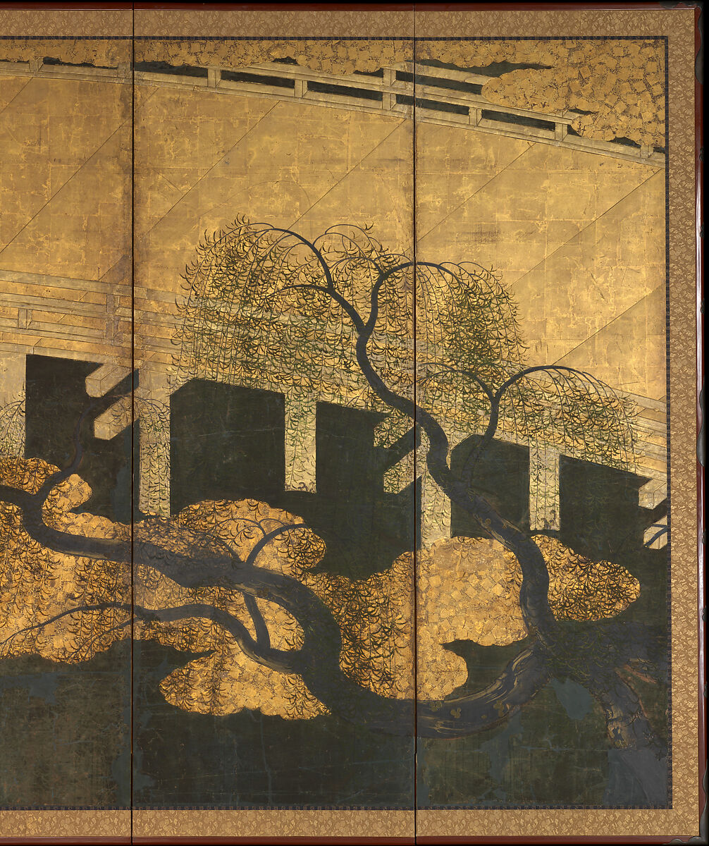 Willows and Bridge, Pair of six-panel folding screens; ink, color, copper, gold, and gold leaf on paper, Japan