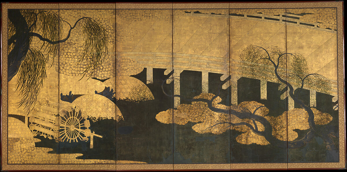 Willows and Bridge, Pair of six-panel folding screens; ink, color, copper, gold, and gold leaf on paper, Japan
