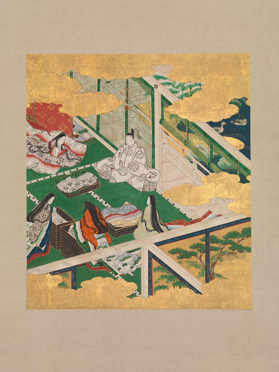 “A Lovely Garland” (Tamakazura), from The Tale of Genji, Painting by circle of Tosa Mitsuyoshi 土佐光吉 (Japanese, 1539–1613), Album leaves mounted as a pair of hanging scrolls; ink, gold, silver, and color on paper, Japan