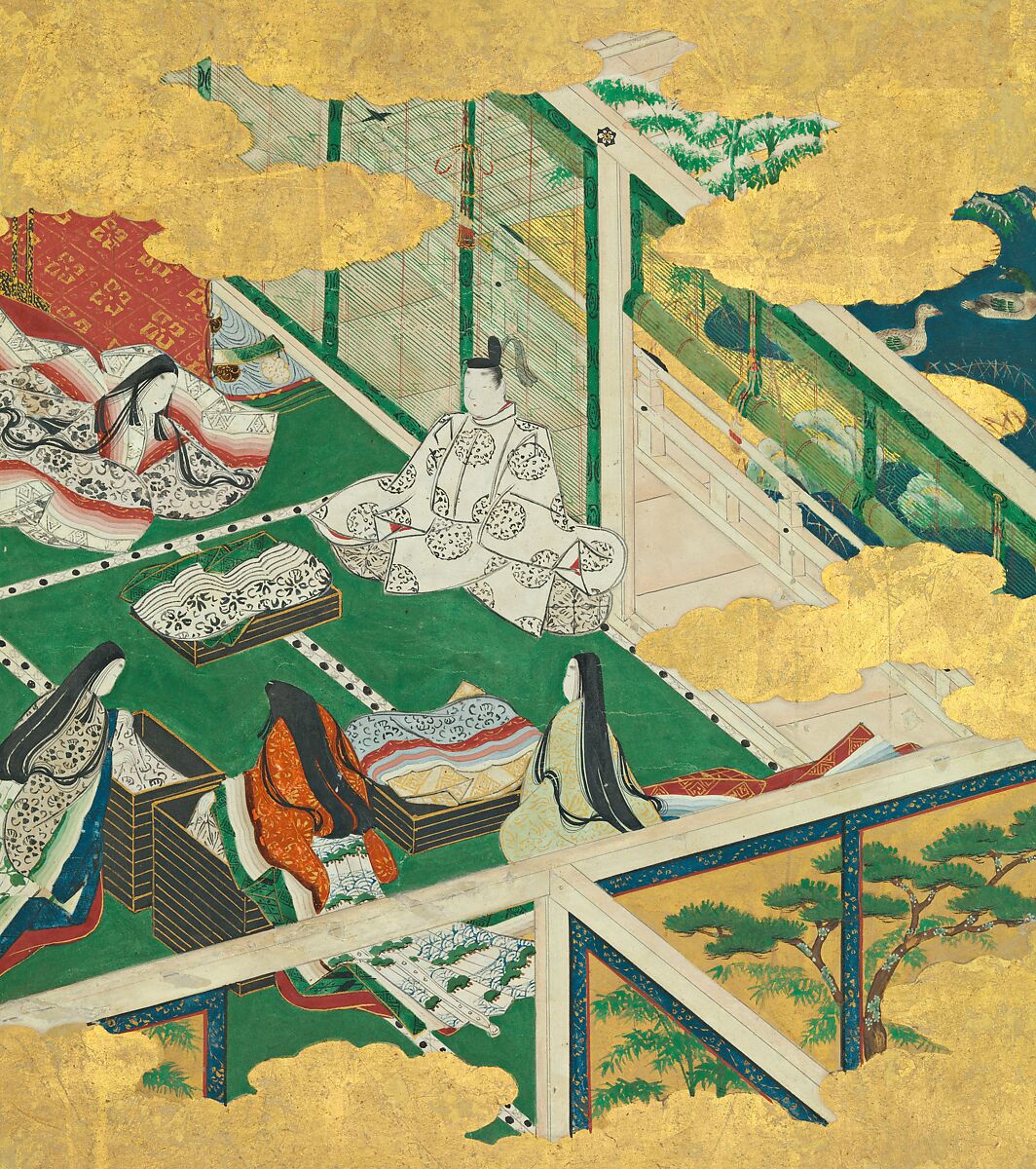 “A Lovely Garland” (Tamakazura), from The Tale of Genji, Tosa Mitsuyoshi 土佐光吉  Japanese, Album leaves mounted as a pair of hanging scrolls; ink, gold, silver, and color on paper, Japan