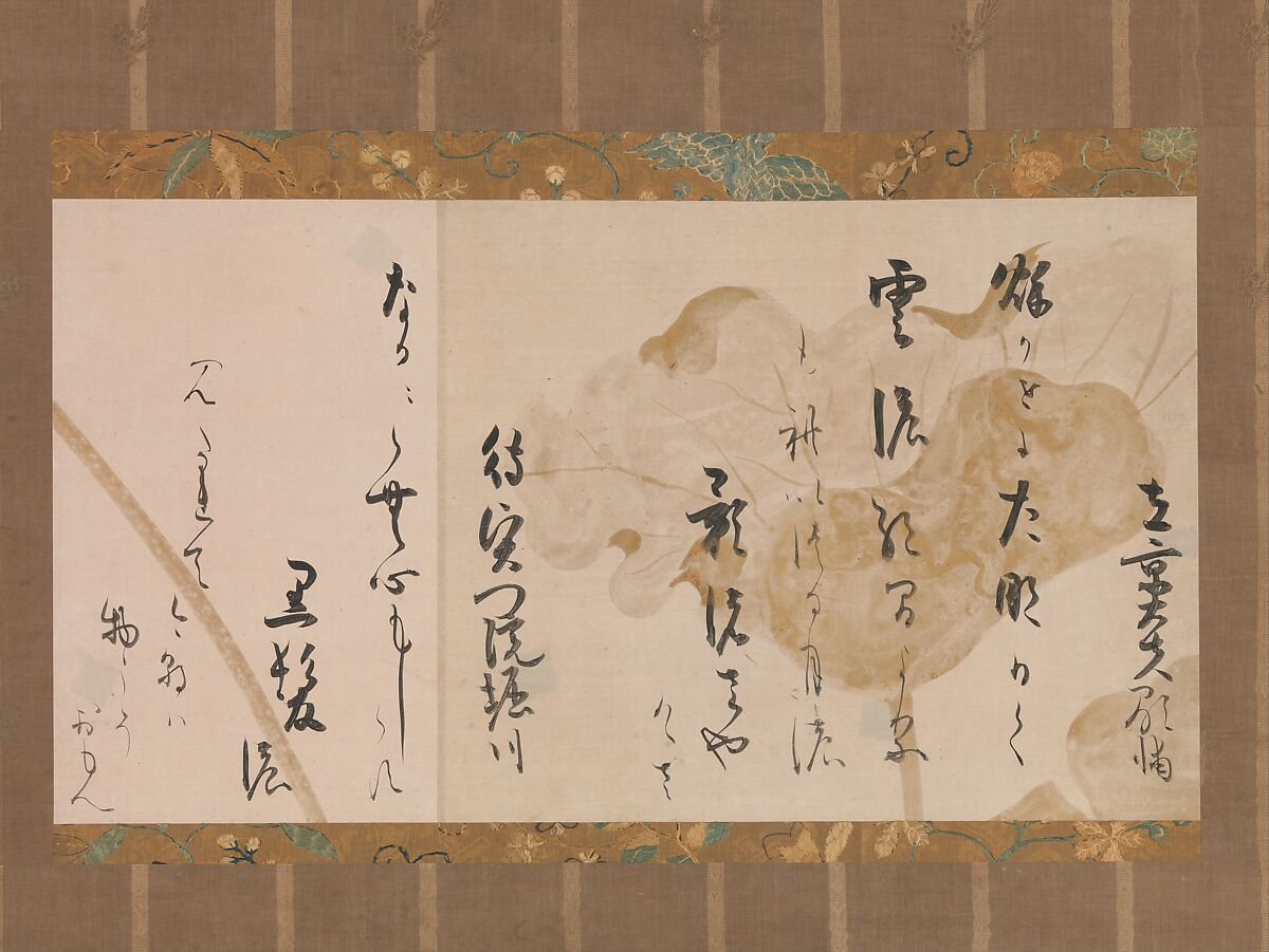 Two Poems from One Hundred Poems by One Hundred Poets, Calligraphy by Hon&#39;ami Kōetsu (Japanese, 1558–1637), Section of handscroll mounted as a hanging scrolll; ink, silver, and gold on paper, Japan 