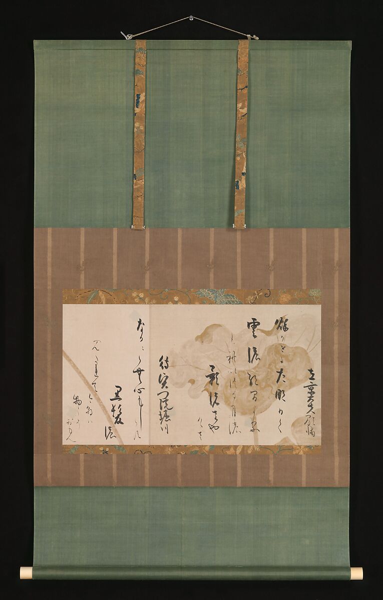 Two Poems from One Hundred Poems by One Hundred Poets, Calligraphy by Hon'ami Kōetsu (Japanese, 1558–1637), Section of handscroll mounted as a hanging scrolll; ink, silver, and gold on paper, Japan