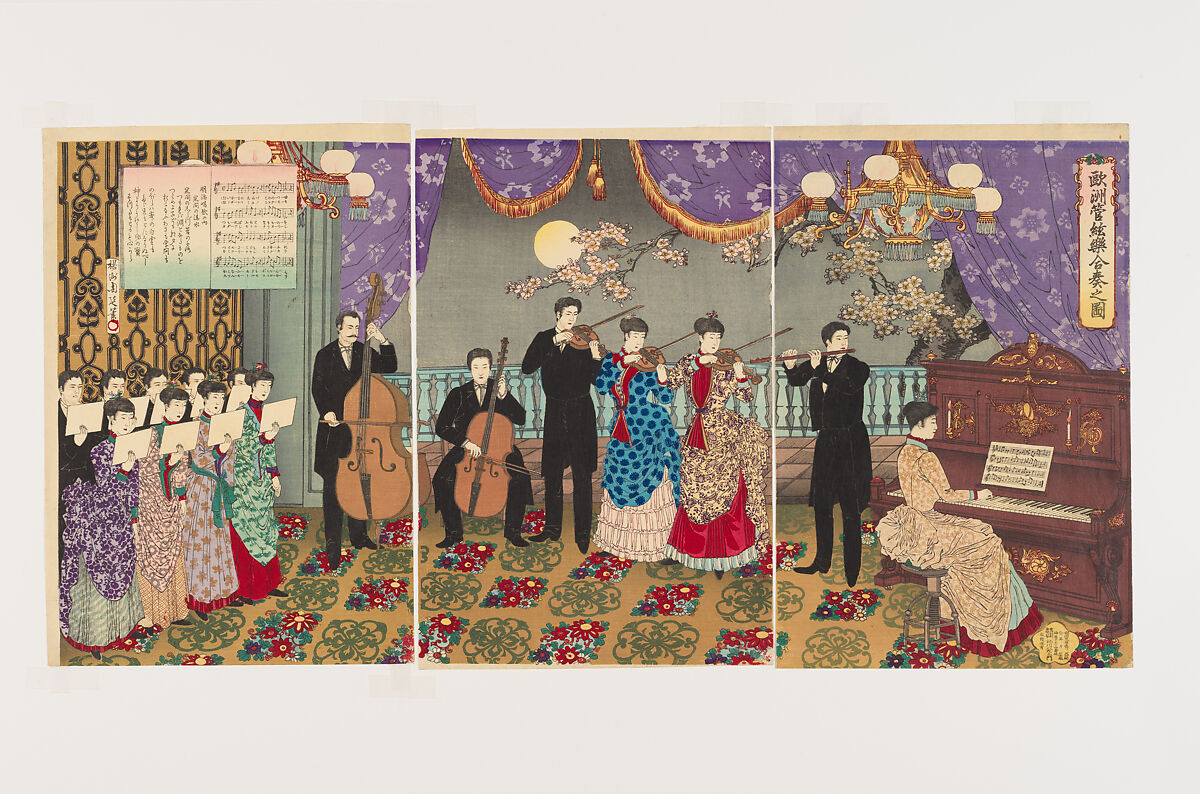 Concert of European Music (Ōshū kangengaku gassō no zu), Yōshū (Hashimoto) Chikanobu (Japanese, 1838–1912), Triptych of woodblock prints; ink and color on paper, Japan 