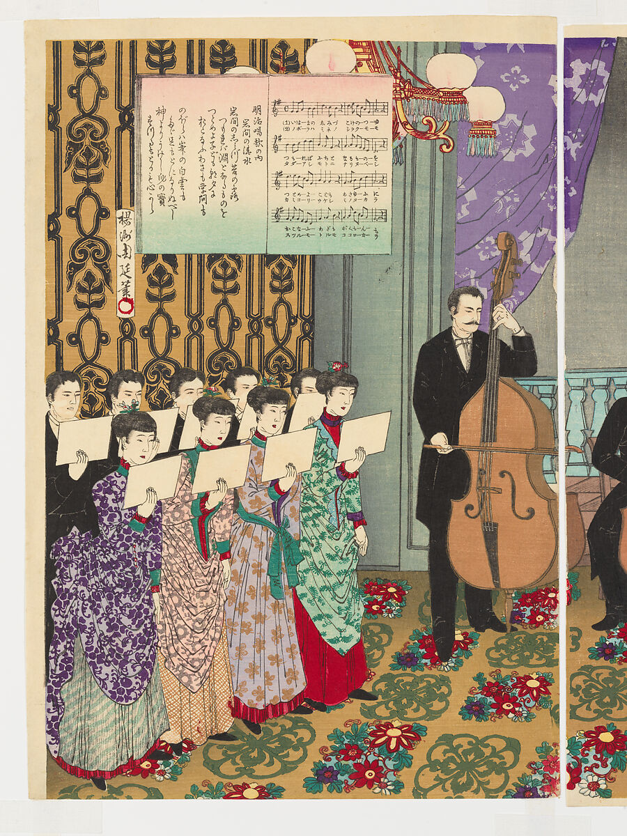 Concert of European Music (Ōshū kangengaku gassō no zu), Yōshū (Hashimoto) Chikanobu (Japanese, 1838–1912), Triptych of woodblock prints; ink and color on paper, Japan