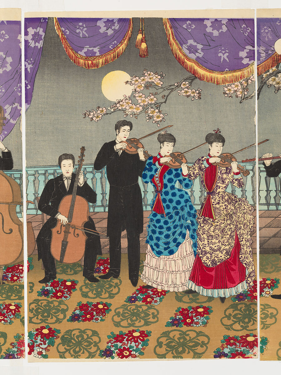 Concert of European Music (Ōshū kangengaku gassō no zu), Yōshū (Hashimoto) Chikanobu (Japanese, 1838–1912), Triptych of woodblock prints; ink and color on paper, Japan