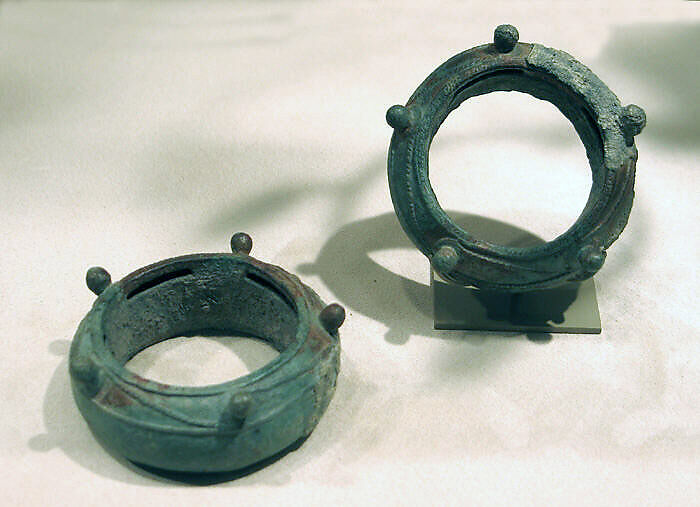 One of a Pair of Pellet Bangles with Textile Remnants, Bronze, Vietnam 