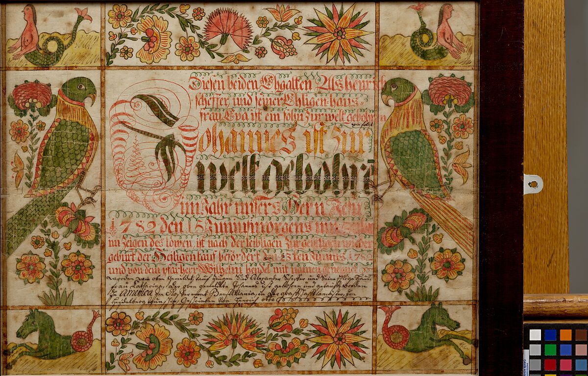 Birth and Baptismal Certificate, Johann Heinrich Otto (ca. 1733–ca. 1800), Ink and watercolor on paper, American