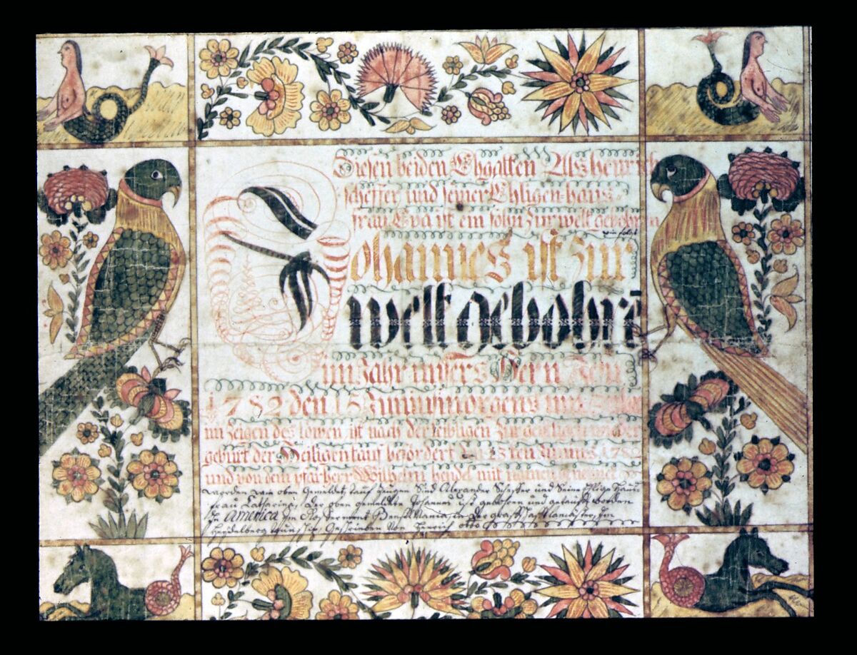 Birth and Baptismal Certificate, Johann Heinrich Otto (ca. 1733–ca. 1800), Ink and watercolor on paper, American