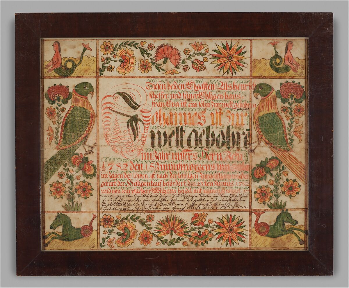 Birth and Baptismal Certificate, Johann Heinrich Otto (ca. 1733–ca. 1800), Ink and watercolor on paper, American 