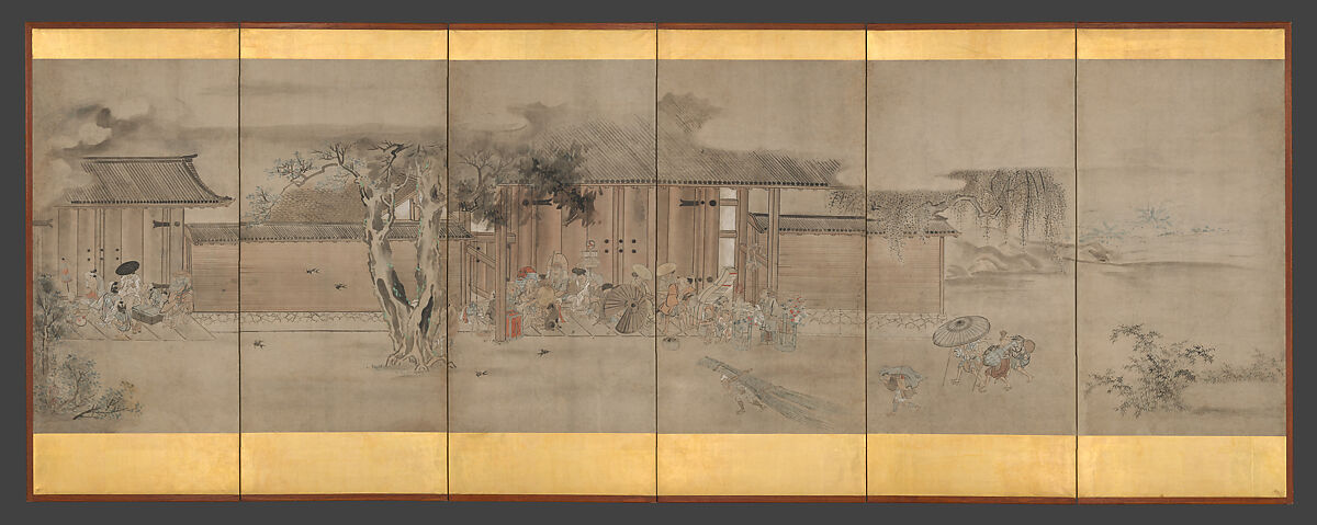 Taking Shelter from the Rain, Hanabusa Itchō (Japanese, 1652–1724), Six-panel folding screen; ink and color on paper, Japan 