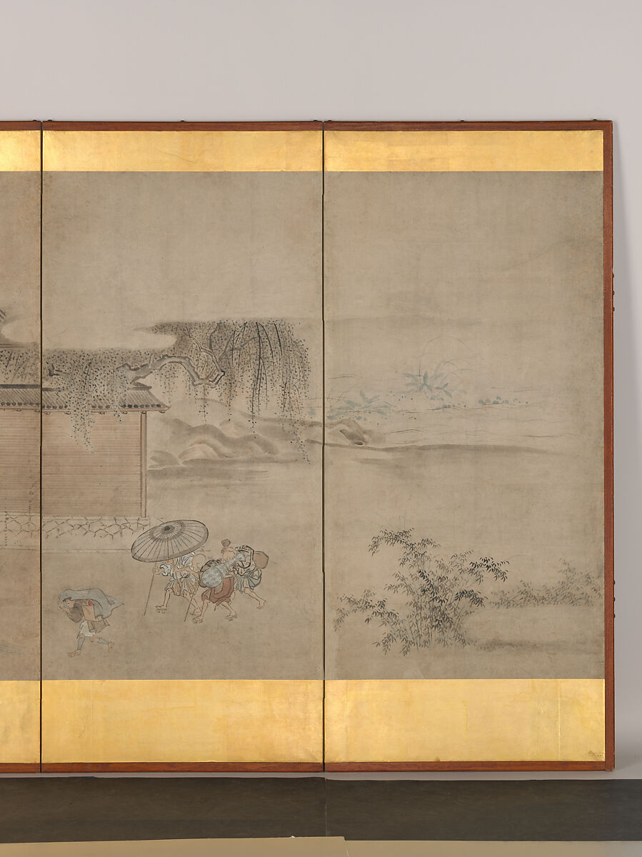 Taking Shelter from the Rain, Hanabusa Itchō (Japanese, 1652–1724), Six-panel folding screen; ink and color on paper, Japan