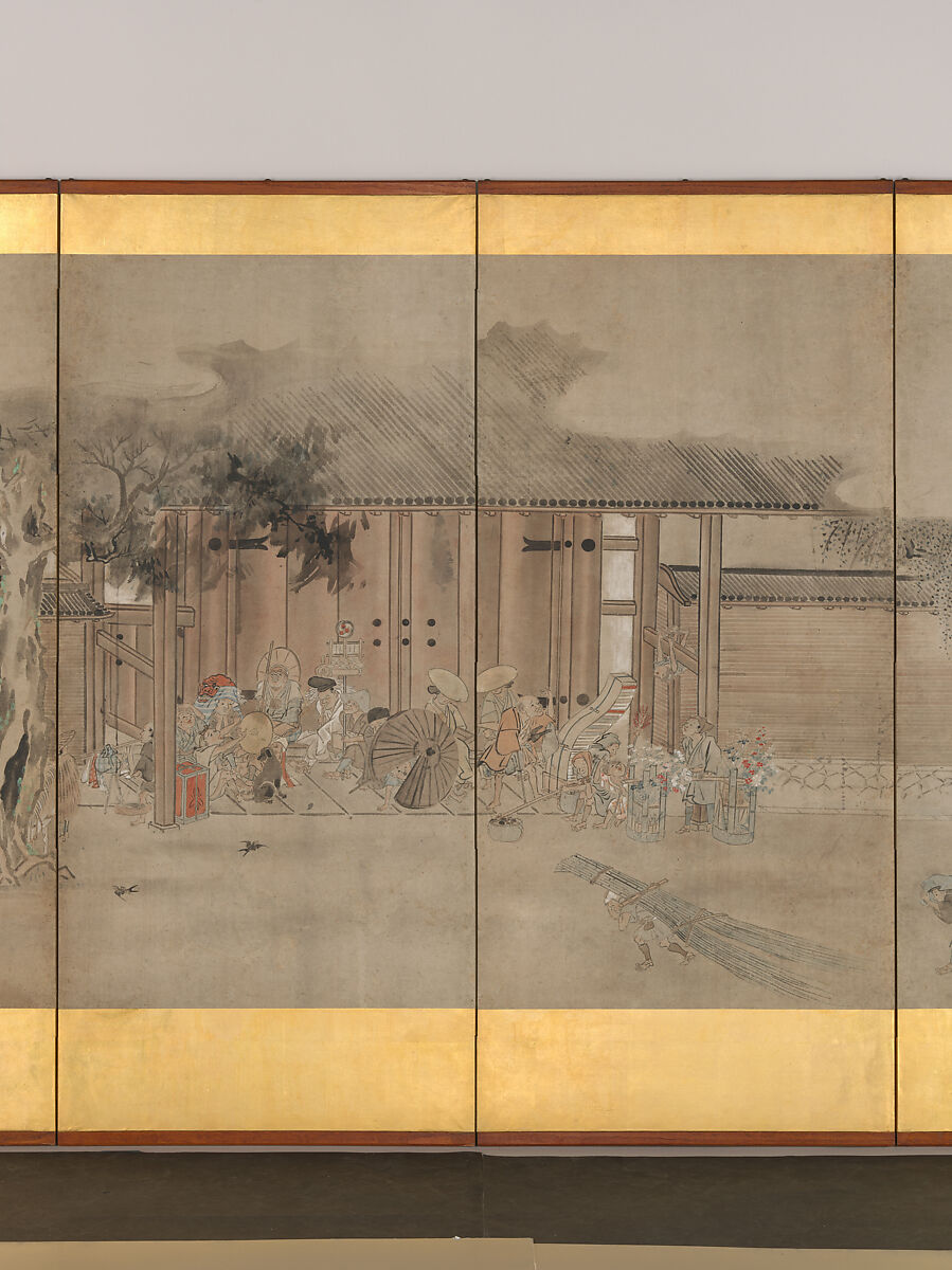 Taking Shelter from the Rain, Hanabusa Itchō (Japanese, 1652–1724), Six-panel folding screen; ink and color on paper, Japan
