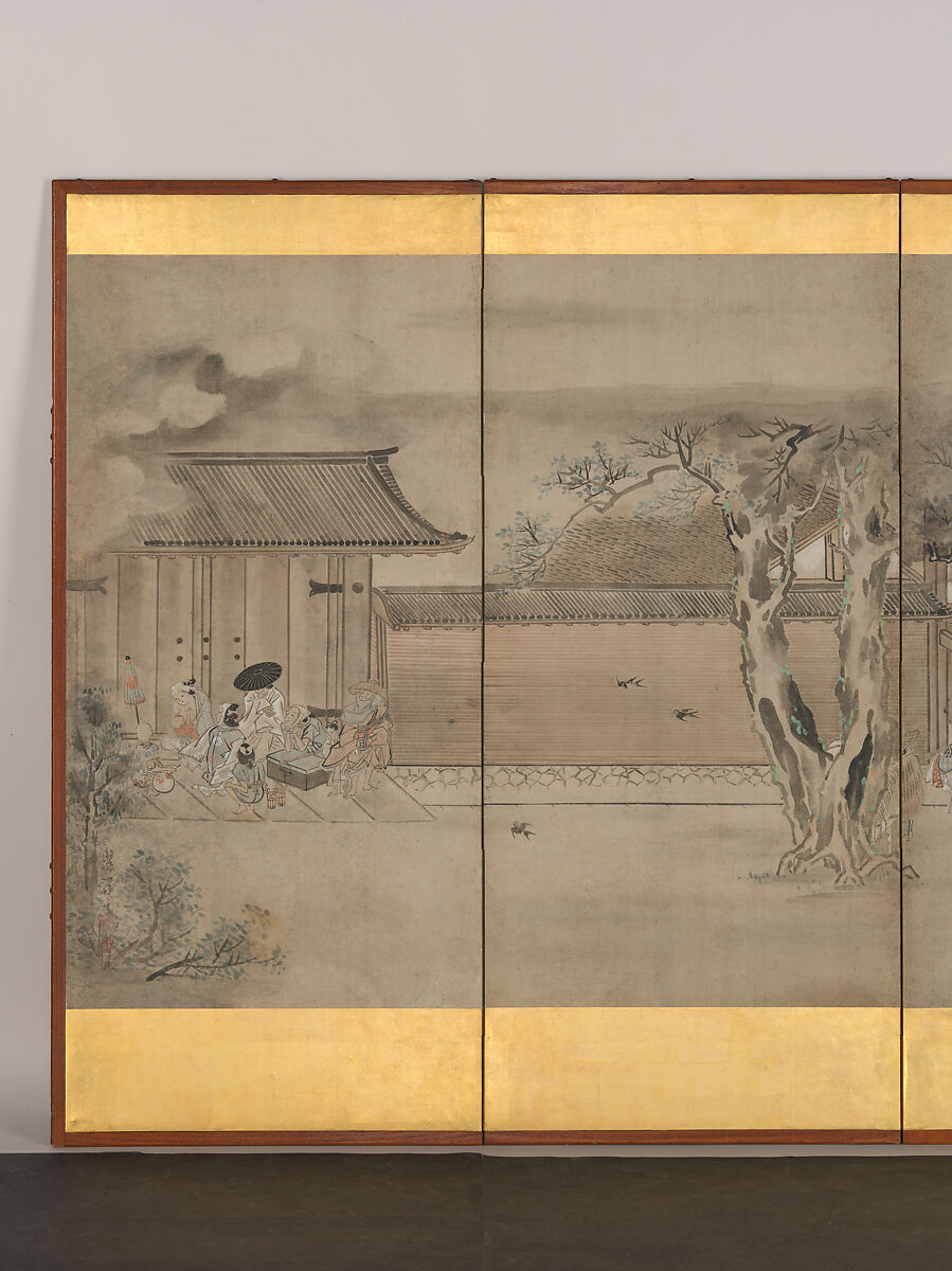 Taking Shelter from the Rain, Hanabusa Itchō (Japanese, 1652–1724), Six-panel folding screen; ink and color on paper, Japan