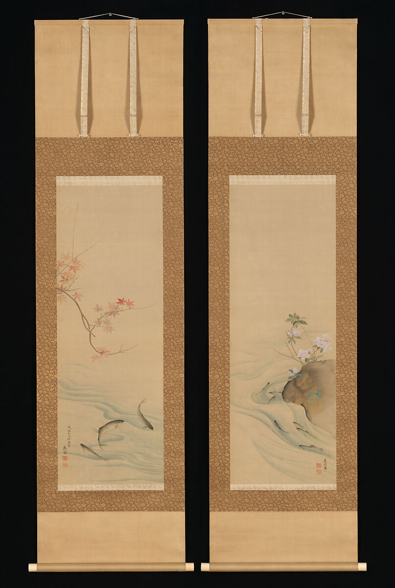 Sweetfish in Summer and Autumn, Maruyama Ōkyo 円山応挙 (Japanese, 1733–1795), Pair of hanging scrolls; ink, gold, and color on silk, Japan 