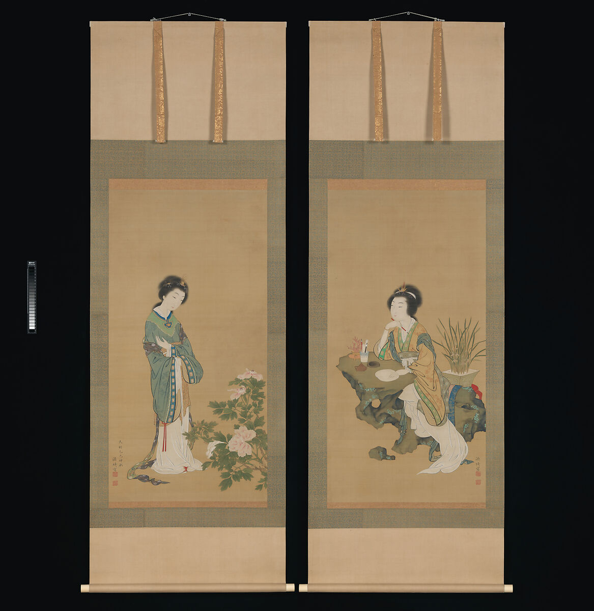Yanji with Orchids and Yang Guifei with Peonies, Genki (Komai Ki) (Japanese, 1747–1797), Pair of hanging scrolls; ink and color on silk, Japan 