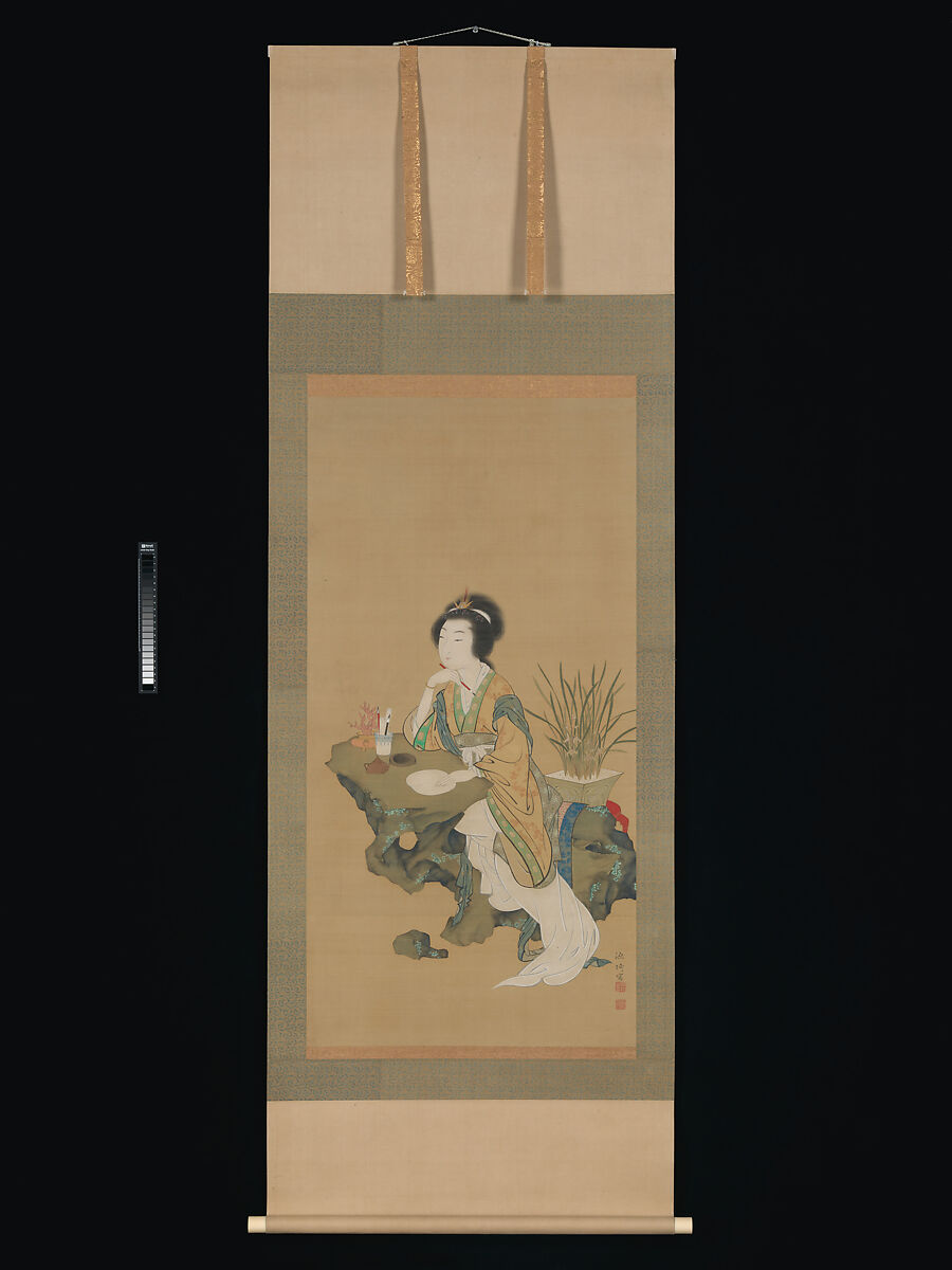 Yanji with Orchids and Yang Guifei with Peonies, Genki (Komai Ki) (Japanese, 1747–1797), Pair of hanging scrolls; ink and color on silk, Japan