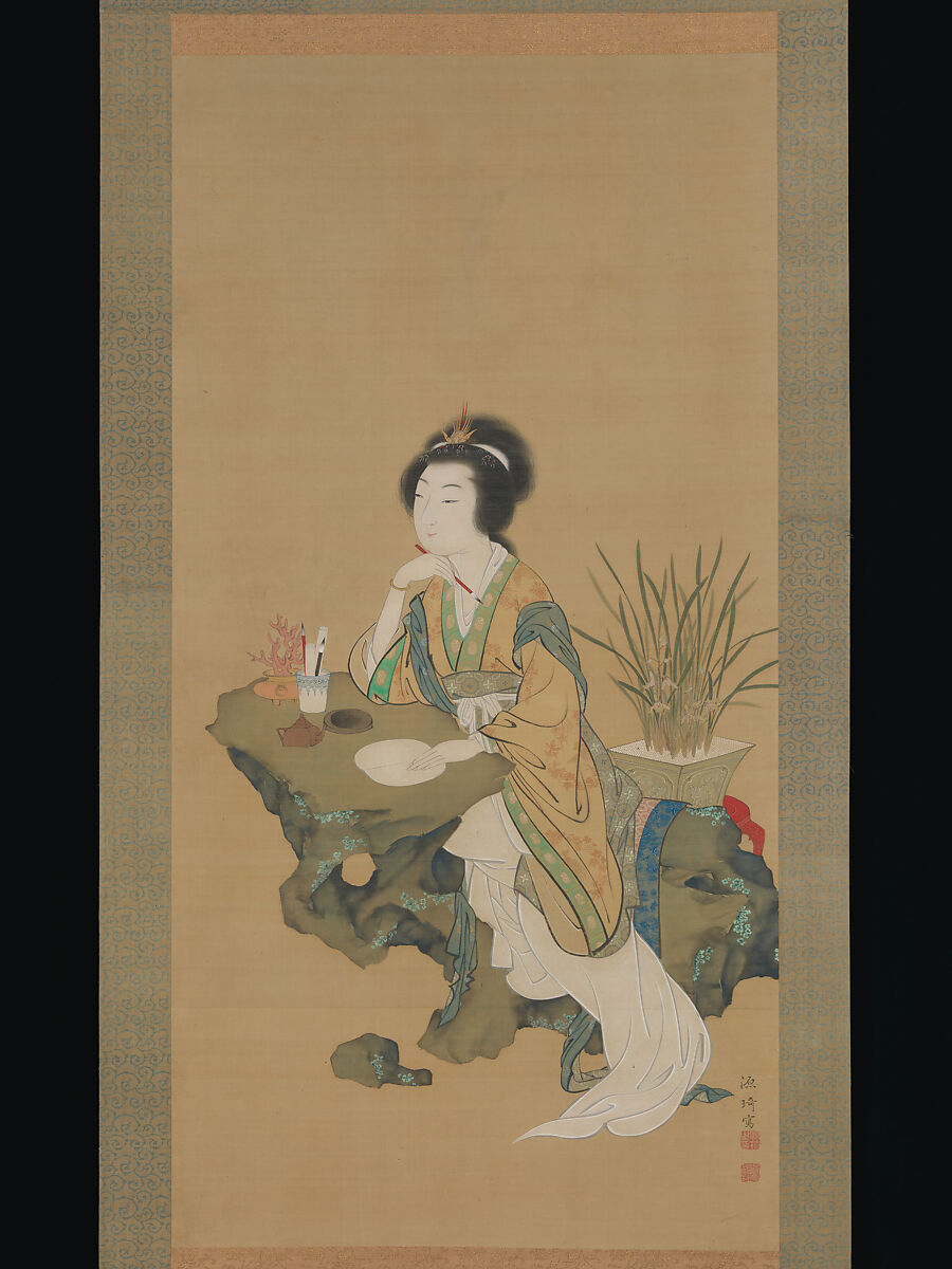 Yanji with Orchids and Yang Guifei with Peonies, Genki (Komai Ki) (Japanese, 1747–1797), Pair of hanging scrolls; ink and color on silk, Japan