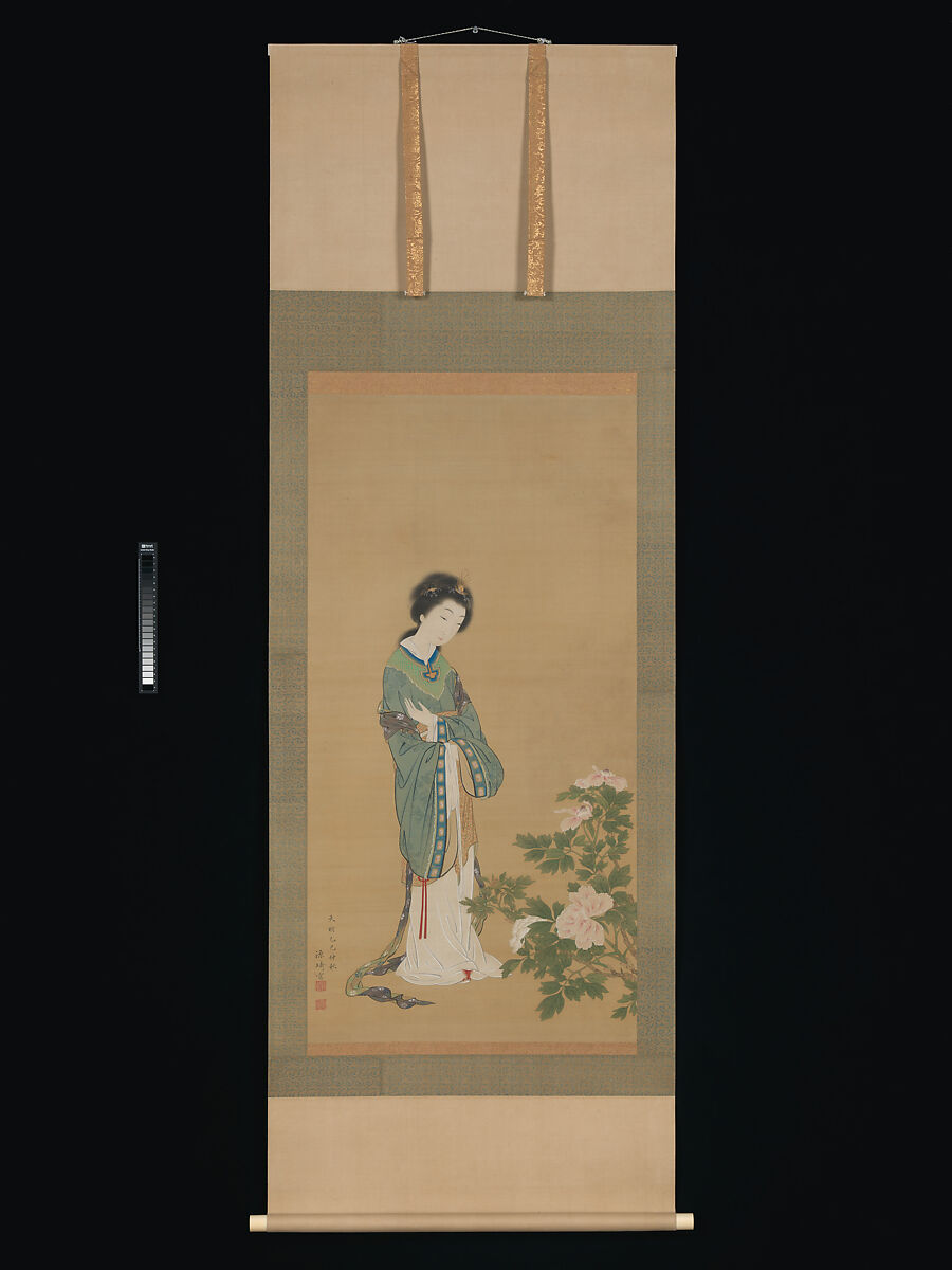 Yanji with Orchids and Yang Guifei with Peonies, Genki (Komai Ki) (Japanese, 1747–1797), Pair of hanging scrolls; ink and color on silk, Japan