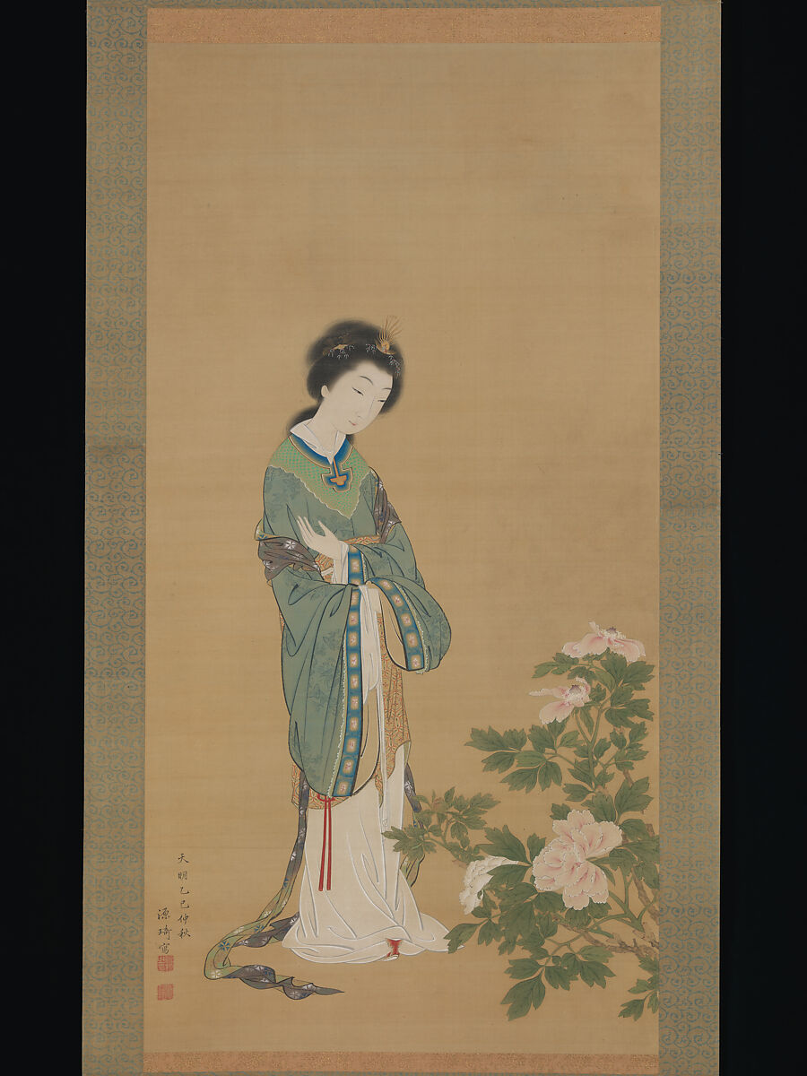 Yanji with Orchids and Yang Guifei with Peonies, Genki (Komai Ki) (Japanese, 1747–1797), Pair of hanging scrolls; ink and color on silk, Japan