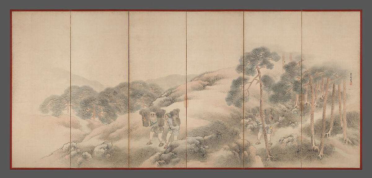 Woodcutters and Fishermen, Matsumura Goshun (Japanese, 1752–1811), Pair of six-panel folding screens; ink and color on paper, Japan 