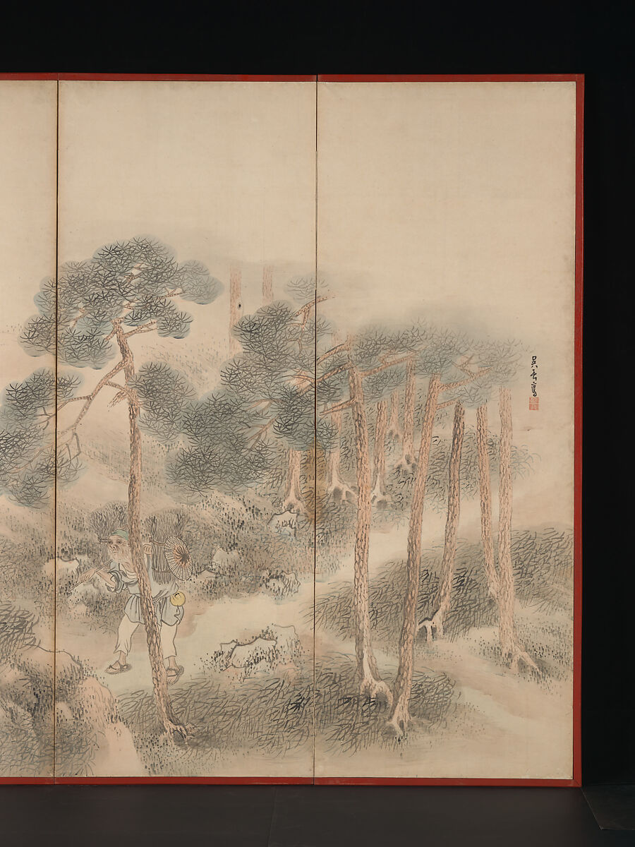 Woodcutters and Fishermen, Matsumura Goshun (Japanese, 1752–1811), Pair of six-panel folding screens; ink and color on paper, Japan