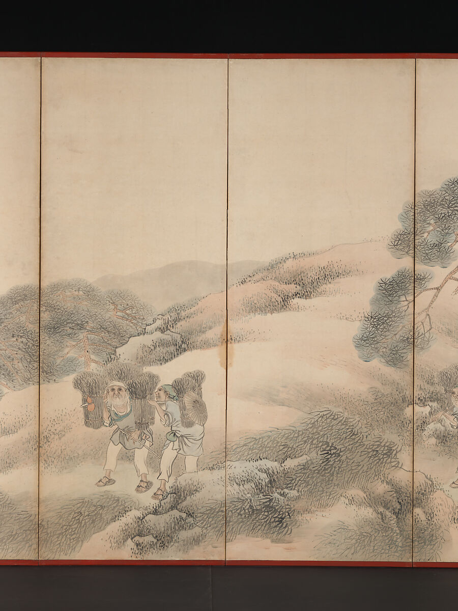 Woodcutters and Fishermen, Matsumura Goshun (Japanese, 1752–1811), Pair of six-panel folding screens; ink and color on paper, Japan