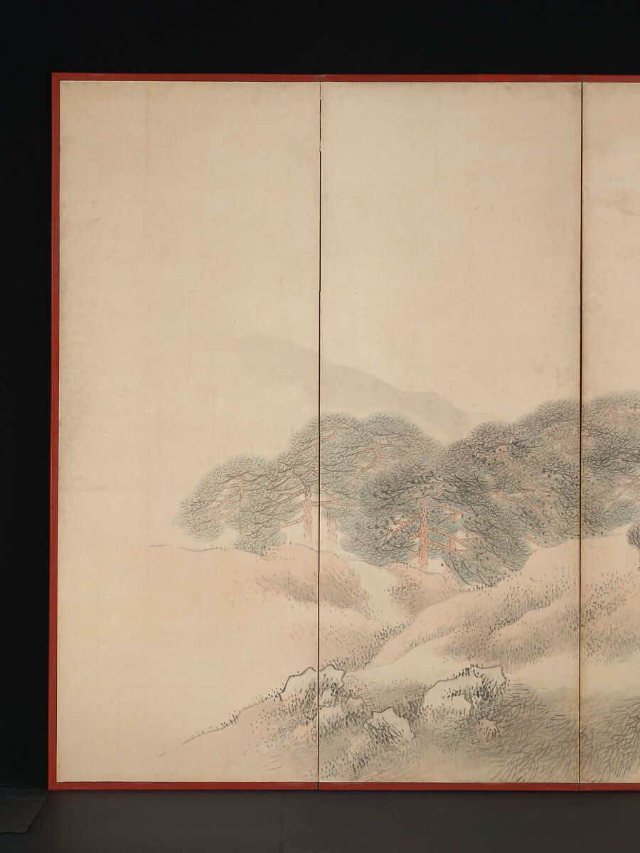 Woodcutters and Fishermen, Matsumura Goshun (Japanese, 1752–1811), Pair of six-panel folding screens; ink and color on paper, Japan