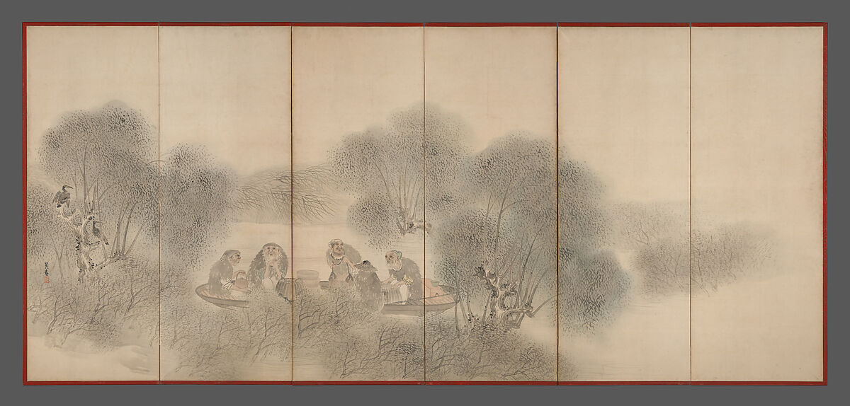 Woodcutters and Fishermen, Matsumura Goshun (Japanese, 1752–1811), Pair of six-panel folding screens; ink and color on paper, Japan