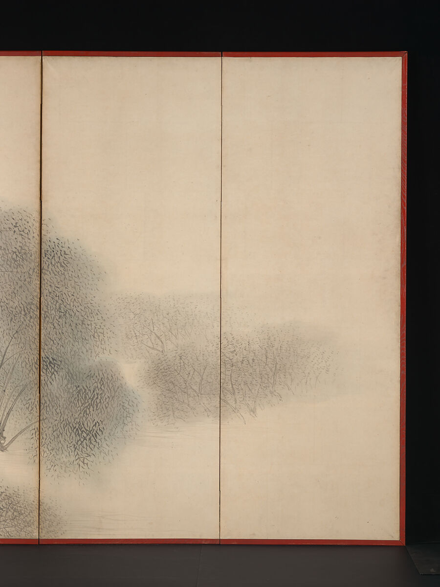 Woodcutters and Fishermen, Matsumura Goshun (Japanese, 1752–1811), Pair of six-panel folding screens; ink and color on paper, Japan