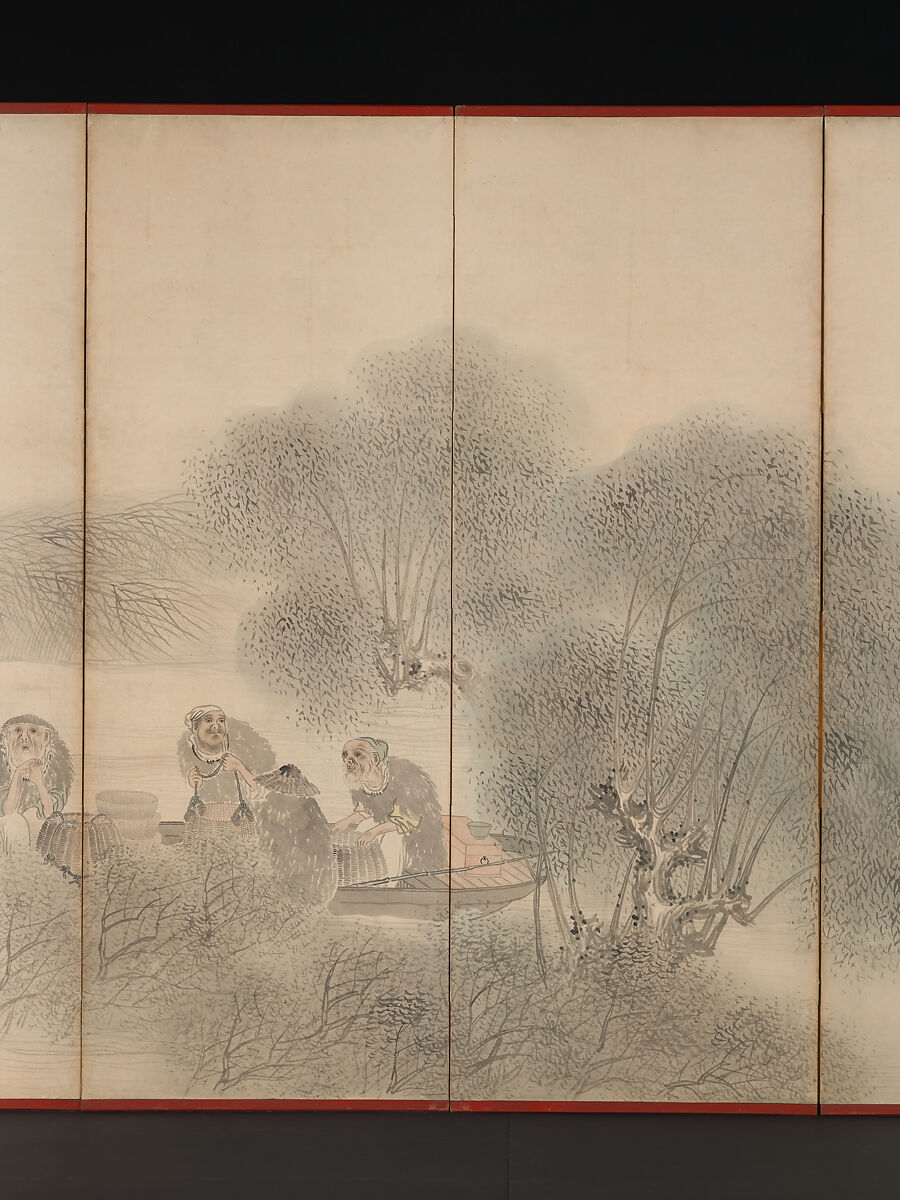 Woodcutters and Fishermen, Matsumura Goshun (Japanese, 1752–1811), Pair of six-panel folding screens; ink and color on paper, Japan